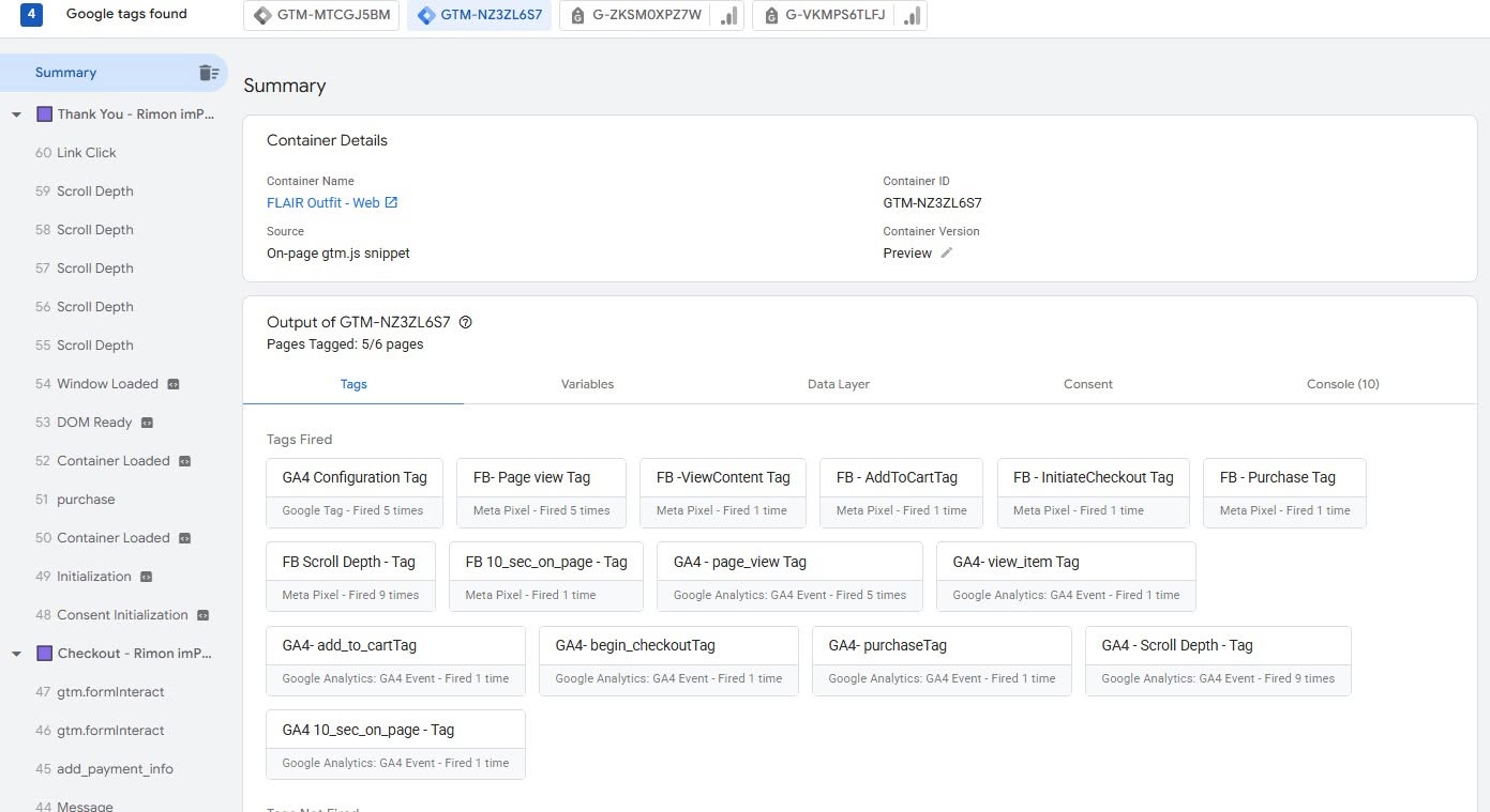All tags firing cleanly in GTM preview