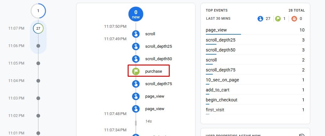 GA4 DebugView confirming purchase events