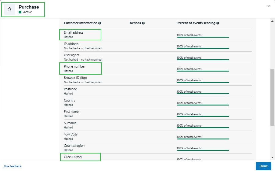 Full hashed customer parameter match