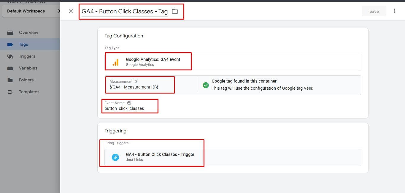 GA4 button click classes tag configuration