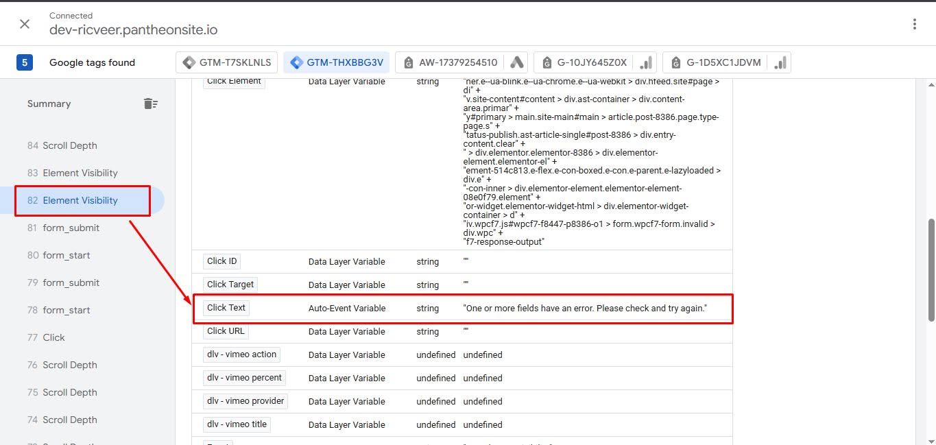 Debug view of click variables